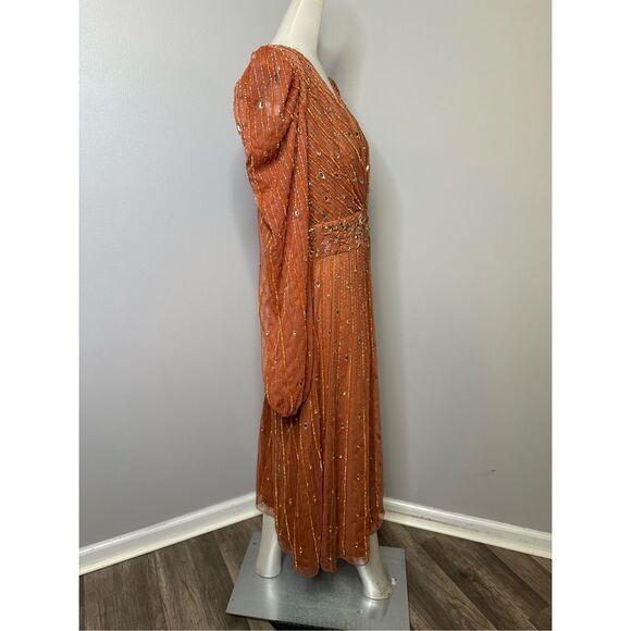 MAC DUGGAL HAND EMBELLISHED V NECK PUFF SLEEVE A LINE DRESS - Picture 8 of 11